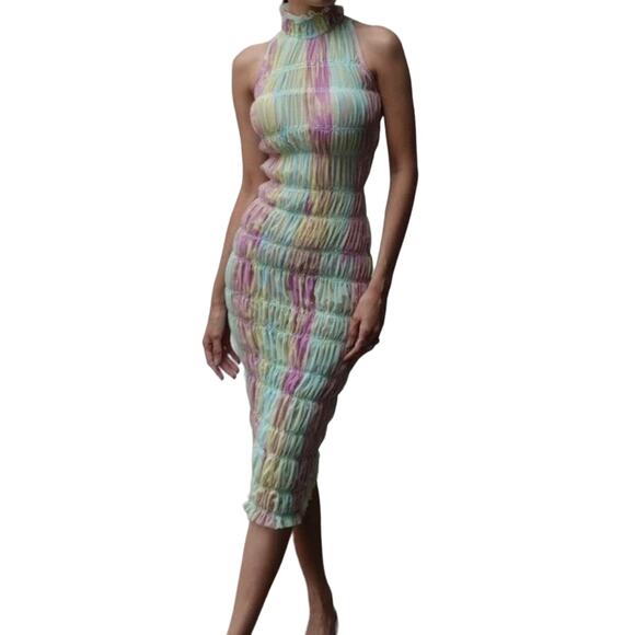 Roberta Einer Rainbow Bodycon Midi Dress Pastel Sheer Medium Large 10 - Picture 1 of 16